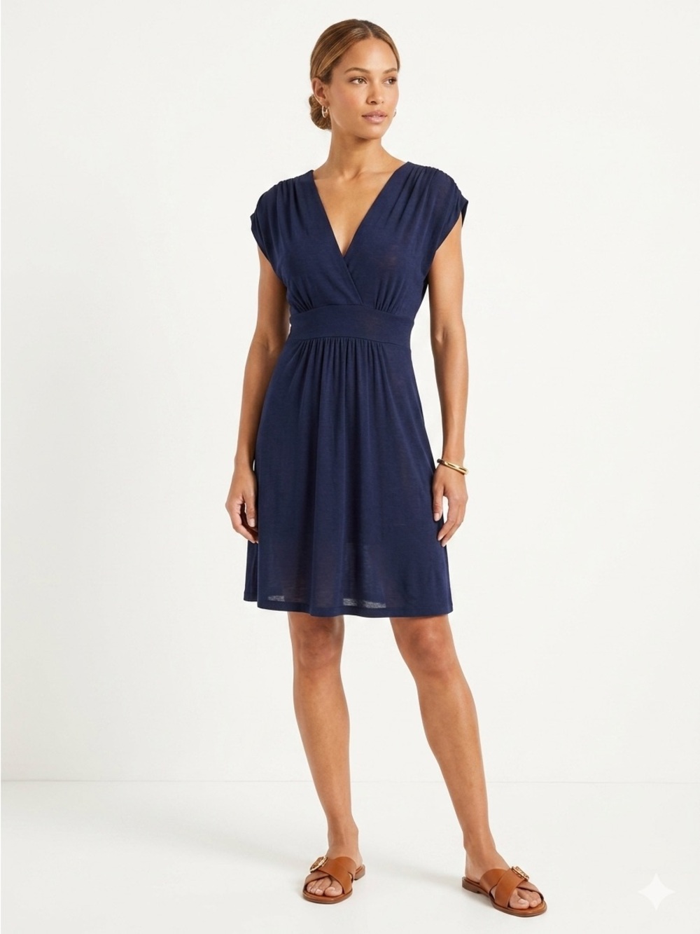 TAMMY MARS Semi Sheer Navy Blue Knit Surplice V Neck Dress M Medium $50 EUC KL